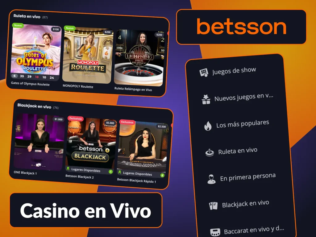 Ve a la sección de casino en vivo de Betsson para empezar a ganar.