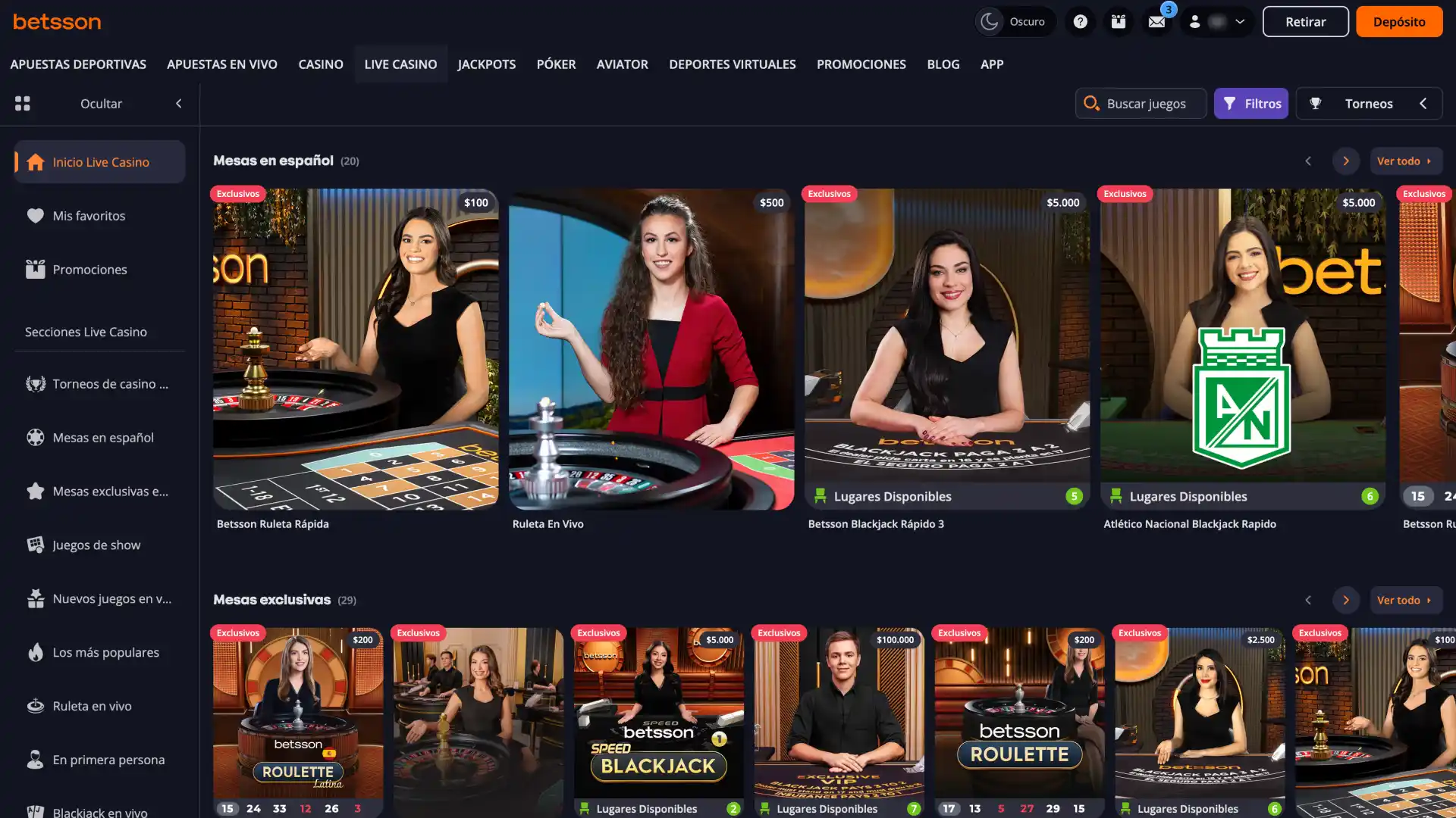 Prueba a jugar en el casino en vivo de la plataforma Betsson.