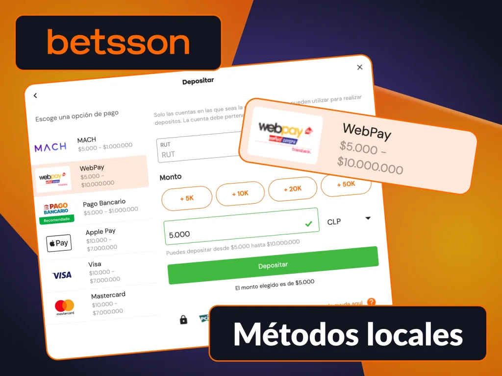 Betsson Webpay permite realizar depósitos directos desde tu cuenta bancaria.